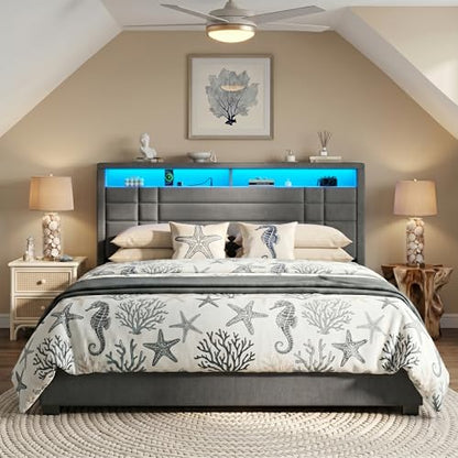 EnHomee Queen Upholstered Bed Frame with Charge Station & LED Lights, Grey | 2-Tier Shelves Headboard, 12" Under-Bed Storage Space, Noise-Free, No Box Spring Needed, Easy Assembly - color: Grey, size: Queen (U.S. Standard)