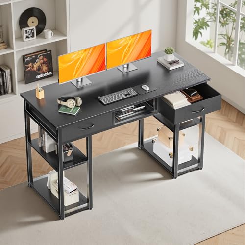 DUMOS 48-Inch Computer Desk with Drawers and Hook, Black | Home Office Desk for Bedroom, Gaming Writing Study Desk with Adjustable Feet - color: Black, size: 48-In