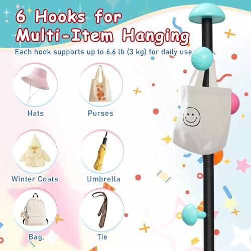 Coat Rack Freestanding Heavy Duty Metal Kids Coat Stand, 7 Round Mushroom Hooks & Sturdy Marble Quarte Base, Hanging Clothes Purse Bag Jacket for Hall Corner Office Garage Entryway (Black)