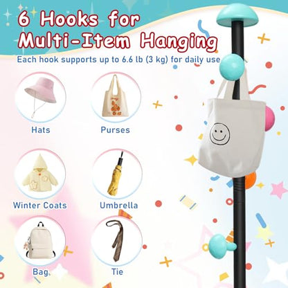 Coat Rack Freestanding Heavy Duty Metal Kids Coat Stand, 7 Round Mushroom Hooks & Sturdy Marble Quarte Base, Hanging Clothes Purse Bag Jacket for Hall Corner Office Garage Entryway (Black)