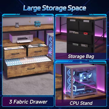 busyeah U-Shaped Gaming Desk with Storage Shelves & 3 Drawers, Rustic Brown | Reversible Computer Desk with LED Lights & Charging Station, Gaming Desk with Hutch and Pegboard for Home Office, Gamers - color: Rustic Brown