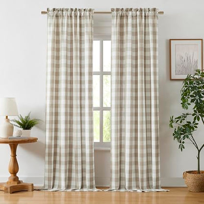 Tan Gingham Buffalo Check Beige and White Curtain Panels 95 Inch | Farmhouse Semi Sheer Drapes,Rod Pocket Window Treatment for Bedroom Living Room,Yarn Dyed Texture Fabric,2 Panels,40"Wx95“L - color: Beige/White, size: 40"W x 95"L (Pack of 2)