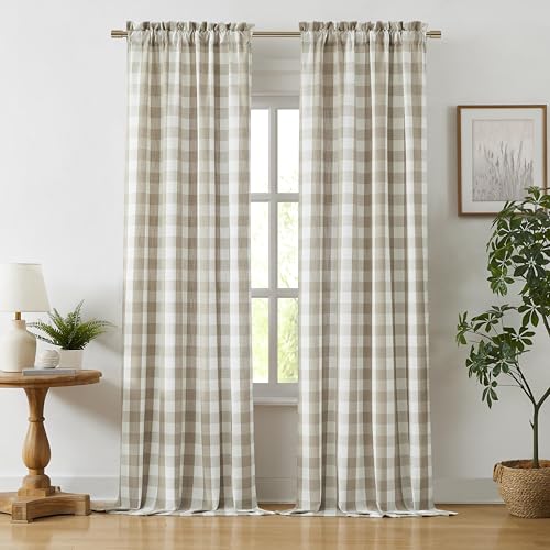 Tan Gingham Buffalo Check Beige and White Curtain Panels 95 Inch | Farmhouse Semi Sheer Drapes,Rod Pocket Window Treatment for Bedroom Living Room,Yarn Dyed Texture Fabric,2 Panels,40"Wx95“L - color: Beige/White, size: 40"W x 95"L (Pack of 2)