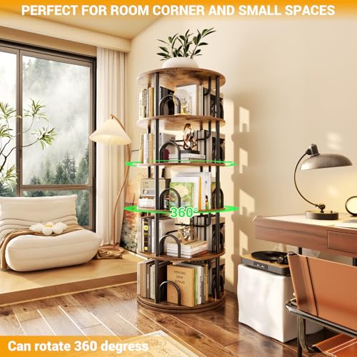 Aheaplus 5 Tier Rotating Bookshelf Tower, 360 Display Spinning Bookcase, Revolving Round Book Shelf Narrow Swivel Bookshelf, Vertical Turning Corner Book Organizer for Small Space, Rustic Brown - color: Rustic Brown, size: 5 Tier, 63" H