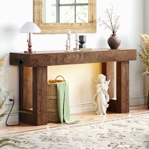 Unikito 63'' Farmhouse Console Table with Outlets & Sensor Light | Wooden Entry Table with Storage, Narrow Sofa Tables Behind the Couch, Versatile for Entrance/Foyer/Living Room Rustic Oak - color: Rustic Oak, size: 63IN