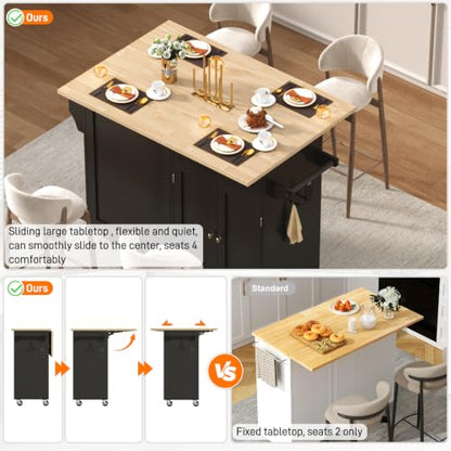 chartustriable 51" Kitchen Island with Drop Leaf,Kitchen Island Cart W/Rolling Trash Cabinet,Folding Drop Leaf,2 Drawers,Movable Carts on Wheels with Spice Rack&Towel Rack for Home, Dining Room - color: Black, size: 29.5"D x 51.2"W x 35.8"H