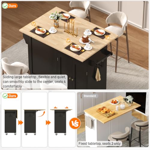 chartustriable 51" Kitchen Island with Drop Leaf,Kitchen Island Cart W/Rolling Trash Cabinet,Folding Drop Leaf,2 Drawers,Movable Carts on Wheels with Spice Rack&Towel Rack for Home, Dining Room - color: Black, size: 29.5"D x 51.2"W x 35.8"H