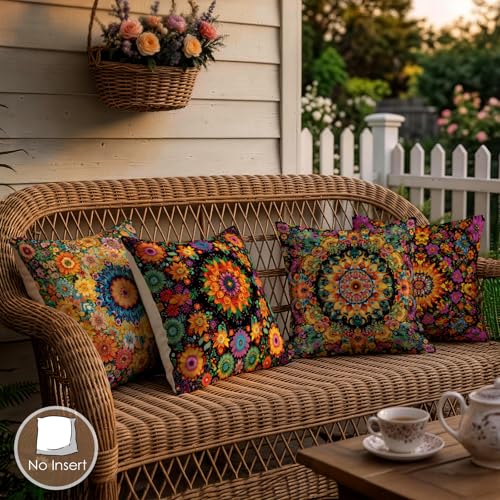 OBSEDE Boho Floral Mandala Decorative Throw Pillow Covers 18 x 18 Set of 4 | Faux Linen, Hidden Zipper, Vibrant Artistic Print, Vintage Floral, Sofa Living Room Home Decor, Fade Resistant, Single Side - color: Classic Mandala Bloom Pattern, size: 18" x 18