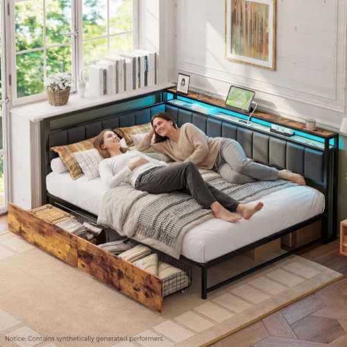 LIKIMIO 보관 서랍이 있는 풀 코너 침대 프레임, LED, 충전, 블랙 | 보관 선반 2개, 453.6kg(1000파운드) 용량, 덮개를 씌운 헤드보드, 2AC+USB 1개+타입 C 1개, 박스 스프링 없음 포함, 쉬운 조립 - color: 블랙., size: 풀