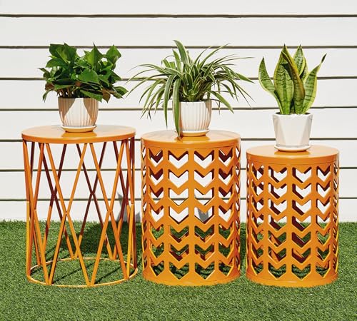 HFHOME Round Nesting Coffee Tables, Set of 3 End Tables for Living Room Balcony Office, Heavy Duty Metal Stacking Nightstand for Home Indoor - Orange - color: Classic Orange