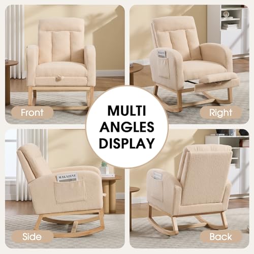 Rocking Chair Nursing, Rocker Chair with Footrest (Beige) | Teddy Boucle Upholstered Accent Reading Chair with High Back & Side Pocket for Living Room Bedroom Nursery Office - color: Beige
