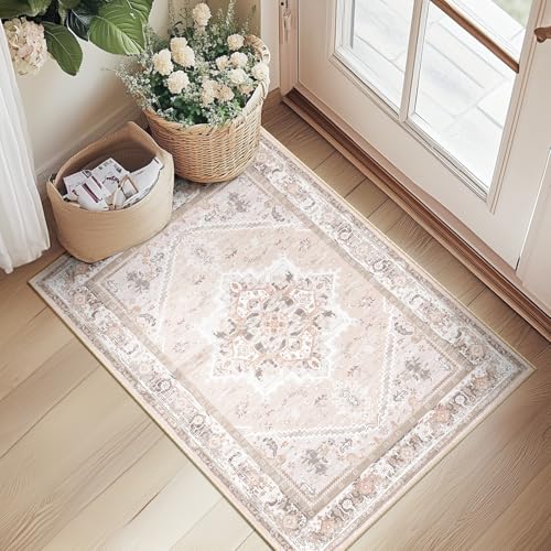2x3 Area Rugs for Living Room Washable Non Slip Carpet Low Pile Soft Vintage Print Pattern Rug for Bedroom Dining Room Kitchen Entryway Indoor-Light Pink - color: Light Coral Pink/Orange/Brown, size: 2' x 3' (Rectangular)