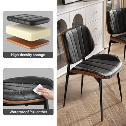 Dining Chairs Set of 2, Mid Century Modern Dining Room Chair, Upholstered Faux Leather Kitchen Chairs with Walnut Bentwood Back and Metal Legs for Kitchen Dining Room Living Room, Black - color: Black, size: Set of 2