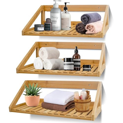 Floating Shelves Wall Mounted 3 Pcs Bamboo Wall Hanging Rack Holder | Wall Hanging Rack Holder, Wall Storage Shelves, For Bedroom, Living Room, Bathroom, Kitchen, Office Decor