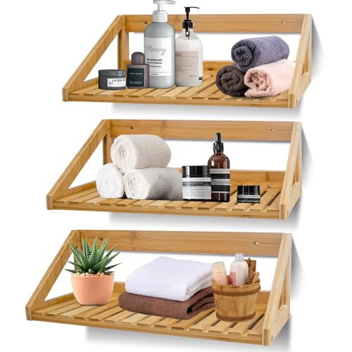 Floating Shelves Wall Mounted 3 Pcs Bamboo Wall Hanging Rack Holder | Wall Hanging Rack Holder, Wall Storage Shelves, For Bedroom, Living Room, Bathroom, Kitchen, Office Decor