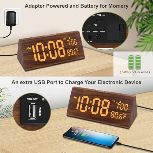 DreamSky Wooden Digital Alarm Clock for Bedroom with USB Port | 7.7" Electric Clocks with Large Numbers, Temperature, 0-100% Brightness Dimmer, Adjustable Alarm Volume, Snooze, 12/24H - color: Amber