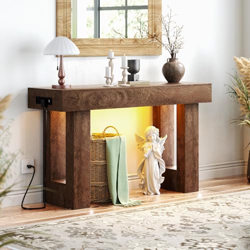 Unikito 47" Entryway Table with Socket & Sensor Light, Rustic Oak | Narrow Console Table with Storage Behind Couch, Farmhouse Foyer Table with Open Storage Versatile for Entrance Living Room - color: Rustic Oak, size: 47IN