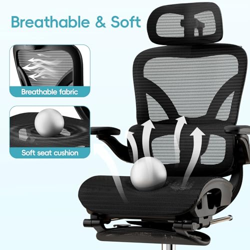 Ergonomic Office Chair, Home Office Desk Chairs with Adjustable Lumbar | Allion Ergonomic Mesh Computer Gaming Chairs with 3D Headrest, Flip-up Arms, Big Tall Reclining chair for Men Women, Black - color: Black