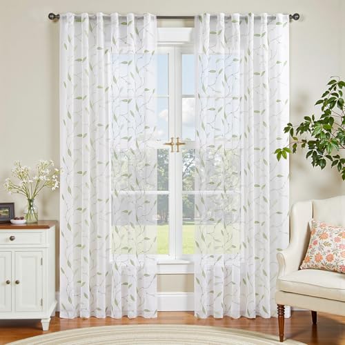 Sheer Curtains Embroidered Floral Leaf Voile Drapes for Bedroom Living Room Back Tabs Window Treatments 2 Panels 84 Inches Green on White - color: Green on White, size: 55"W x 84"L (Pack of 2)
