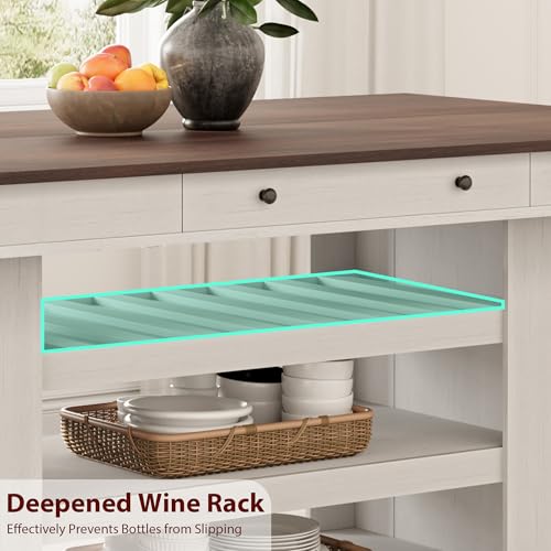IDEALHOUSE 60" Wood Dining Table for 4-6, Counter Height Kitchen Table with Wine Rack and 2 Drawers, Open Shelves and Sturdy Legs, 4-Tier Stationary Kitchen Island for Dining Room and Kitchen - color: White