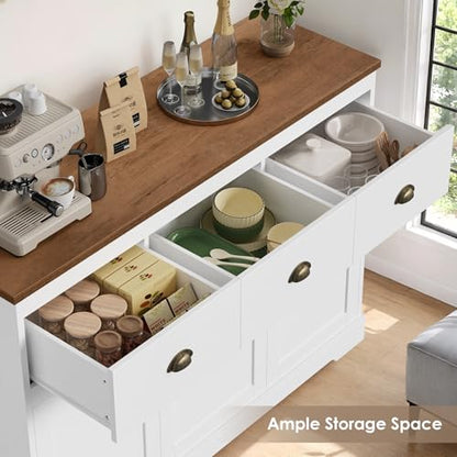 White Buffet Cabinet Storage Kitchen Sideboard Farmhouse Buffet Server Bar Wine Cabinet with 3 Drawers & 3 Doors Adjustable Shelves Console Table for Dining Living Room Cupboard - size: 15.6"D x 47.2"W x 36"H