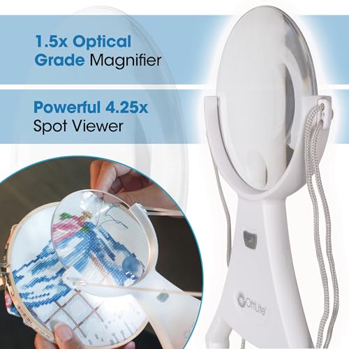 OttLite 4-Inch Hands-Free LED Magnifier, White | 1.5x Optical Acrylic Lens | 4.25x Spot Viewer | LED Illuminated | Adjustable Neck Cord