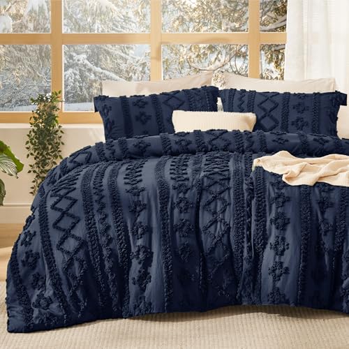 Bedsure Tufted Boho Comforter Set Twin Size - Navy Boho Bed Set, GentleSoft™ 2 Pieces Farmhouse-Style Embroidery Bedding, Gifts for Woman, Soft Jacquard Kids' Twin Comforter for All Seasons - color: 22 - Navy - Elegant, size: Twin/Twin XL