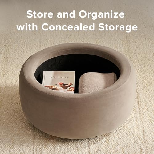mopio Luna Round Ottoman with Storage and Tray, Round Coffee Table with Storage, Upholstered Foot Stools Ottoman for Living Room, Bedroom, with Solid Rubberwood Legs (Mocha Brown Premium Velvet) - color: Brown Velvet, Round