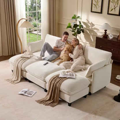 Ihanherry 105" Sleeper Sofa, Modular Sectional Cloud Couch with Oversized Large Cushions & 3 Movable Ottoman, Chenille Deep Seat Couch for Living Room, Beige - color: Beige Cream, size: 105“ 6 Seat Sleeper Sofa