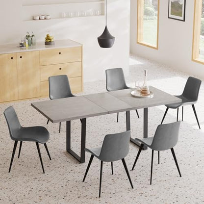 Mid-Century Extendable Dining Table Set, 63"-79", 6 Upholstered Chairs - color: Grey Table, size: 63"-79"