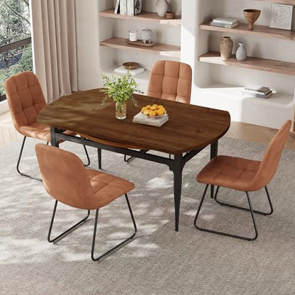 HIPIHOM 55‑Inch Extendable Dining Table Set with 4 Upholstered Chairs and Metal Frame for Dining Room - color: Walnut/Brown-c