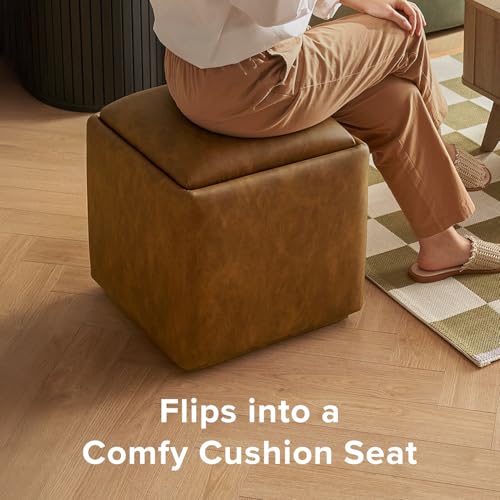 mopio Levi Storage Ottoman with Reversible Tray, Modern Square Chest Coffee Table, Upholstered Cube Sitting Foot Stools Ottoman for Living Room, Bedroom, Entryway (Faux Leather, Pecan Brown) - color: Brown Pu Leather, Cube