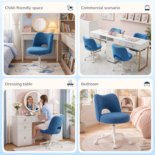 DurayLoly Vanity Chair with Wheels,Soft Teddy Fabric 6" Thick Cushion, Height Adjustable 17.5"–21.5", Open Back, 360° Swivel for Vanity Table, Home Office Dark Blue - color: Dark Blue