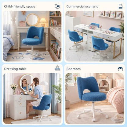 DurayLoly Vanity Chair with Wheels,Soft Teddy Fabric 6" Thick Cushion, Height Adjustable 17.5"–21.5", Open Back, 360° Swivel for Vanity Table, Home Office Dark Blue - color: Dark Blue