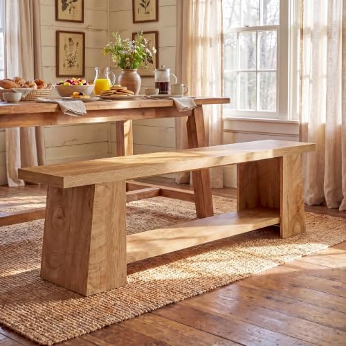 Tribesigns 2-Tier Entryway Bench, 59-Inch Extra Long Shoe Bench with Storage Shelves, Wood End of Bed Seat, Farmhouse Hallway Foyer Seat with Open Shelves for Entryway, Bedroom, Living Room, Natural