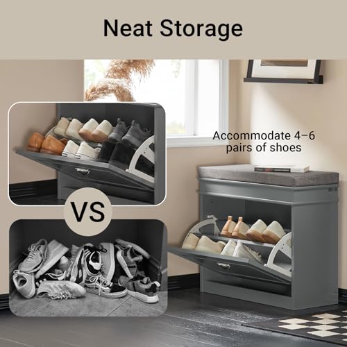 Haotian Grey Hallway Shoe Bench, Narrow Shoe Rack with Adjustable Shelf, Small Shoe Cabinet with 1 Flip-Drawer and Seat Cushion, FSR82-K-HG - color: Grey, size: 1 Drawer:24x9.4x20"