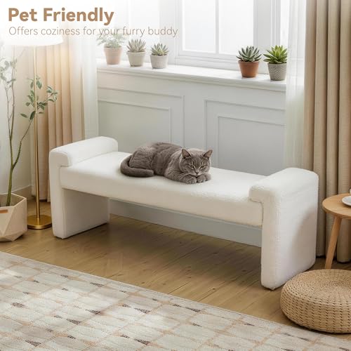 Upholstered Entryway Bench, 58.7" Modern Bedroom Bench, White | Sherpa Fleece, Curved Armrests, Solid Wood Frame, End of Bed, Bedroom, Living Room, Hallway - color: White-sherpa, size: 58.7"