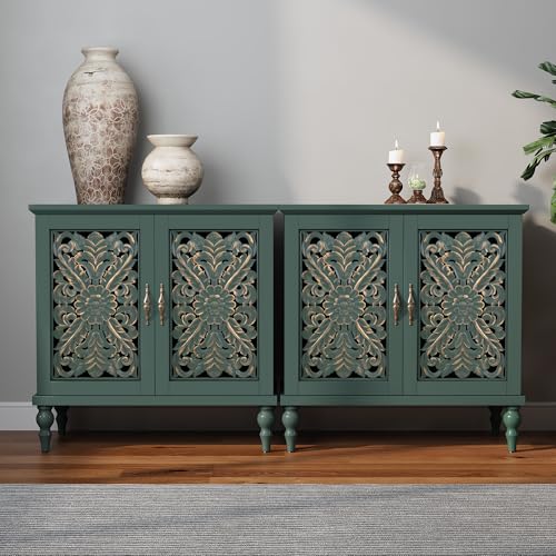 ARTPOWER Accent Cabinet with 2 Doors, Vintage Carved Wood Credenza Set of 2 | Hand Painted Carved Door Sideboard & Buffet Cabinet, Wood Storage Cabinet for Kitchen, Dining Room, Entryway, Hallway - color: Green, size: 2 Piece