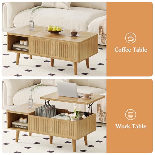 Coffee Table with Lifting Top,Wooden Fluted Coffee Table with Hidden Storage Space,2 Open Storage Compartments,Solid Wood Legs,Suitable for Living Room,Apartment,Office. (C-Lift Coffee Table-Oak) - color: C-lift Coffee Table-oak
