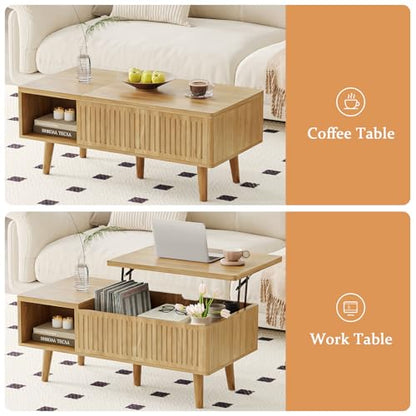 Coffee Table with Lifting Top,Wooden Fluted Coffee Table with Hidden Storage Space,2 Open Storage Compartments,Solid Wood Legs,Suitable for Living Room,Apartment,Office. (C-Lift Coffee Table-Oak) - color: C-lift Coffee Table-oak