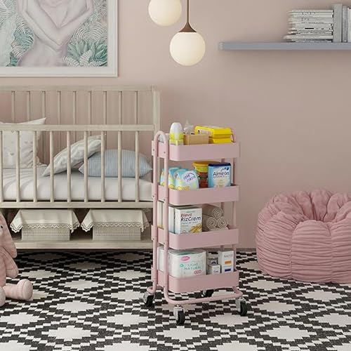 4 Tier Metal Rolling Cart Pink Utility Cart with Wheels,Rolling Pink Cart for Office,Home,Kitchen,Garden（13.4"x18.1"x40"） - color: Pink, size: 40"H