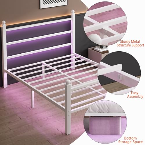 CLIBFENG Queen Size Bed Frame with Headboard and Footboard,Steel Slats Support-LED Bed Frame with USB Charging Station,Mattress Foundation-Under Bed Storage,No Box Spring Needed,Noise Free,White - size: Queen, style: White