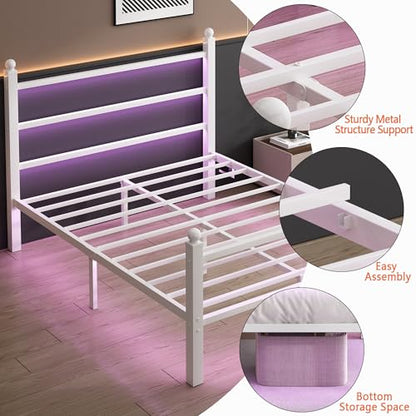 CLIBFENG Queen Size Bed Frame with Headboard and Footboard,Steel Slats Support-LED Bed Frame with USB Charging Station,Mattress Foundation-Under Bed Storage,No Box Spring Needed,Noise Free,White - size: Queen, style: White