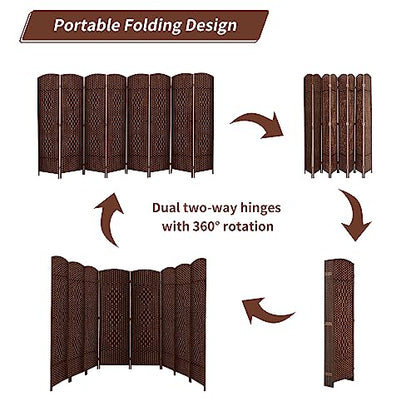 8 Panel Room Divider, 6 FT Wide Folding Screen Room Divider, Brown | Double Hinged Folding Screen Room Dividers for Patio Privacy - color: Brown, size: 8 Panels