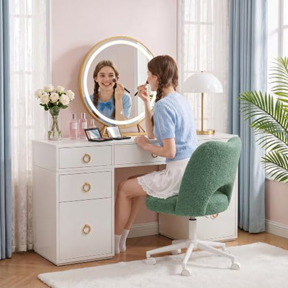 DurayLoly Vanity Chair with Wheels,Open Back,Armless,Green | Soft Teddy Fabric, 6" Thick Cushion, Height Adjustable, 300 lbs, 360° Swivel for Vanity Table, Home Office - color: Green