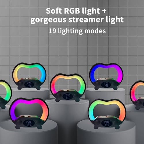 IHAO 6in1 Wireless Charging Station with Bluetooth Speaker Time&Temperature Display Alarm Clock 7-Color LED Night Lights Fast Charger for Phone, Apple Watch, Earbuds Remote Control Auto Shutoff-Black - color: 6in1 Wireless Charger Alarm Clock ZS932 Black