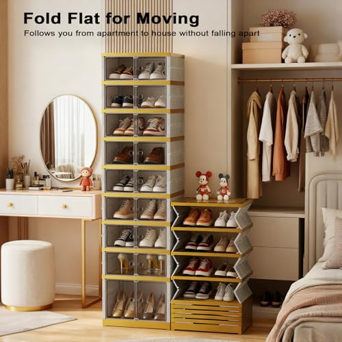 SYNCVIBE Foldable Shoe Rack, 9-Tier, 18 Pairs, 17.3" Wide, White Gold | Foldable Shoe Organizer, Collapsible Shoe Cabinet with Doors, Stackable Shoe Shelves for Closet, Entryway and Living Room - size: 9 Tiers -18 Pairs White Gold