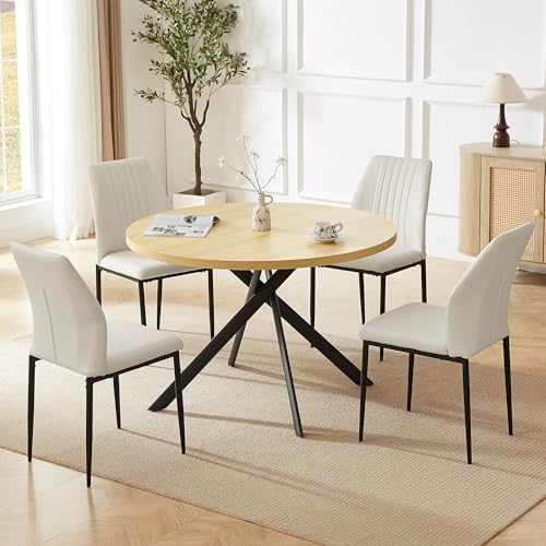 HIPIHOM 45.3'' Walnut Round Dining Table Set for 4, Mid Century Modern Small Coffee Set for Dining Room Kitchen Apartment (Cream Table + 4 White Chairs) - color: Cream Table+4 White Chairs