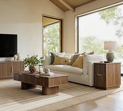 win2win Narrow End Table with Charging Station, Fluted Drawers, Walnut | Tall Small Side Table with Storage , Mid-Century Modern Nightstand with Faux Marble Top , Wood Beside Table for Living Room - color: Walnut