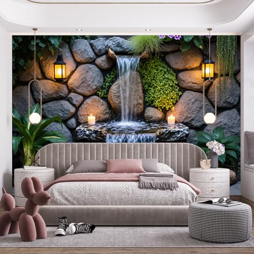 Custom Size Wall Murals, Serene Backyard Water Feature Rustic Stone Wall Lanterns, Self-Adhesive Removable Wall Covering Fabric, Large Photo Wallpaper for Living Room Bedroom Kitchen Office Kids